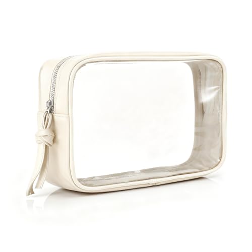 Clear Makeup Bag, PU Leather Small Makeup Pouch Portable Travel Toiletry Bag Transparent Waterproof Cosmetic Organizer with Zipper for Women Home Travel Office Cosmetic Storage (Beige)