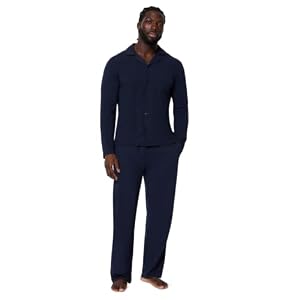 Amazon Essentials Herren-Pyjama-Set, Baumwoll-Modal, langärmelig, Button-Down-Oberteil mit Hose, Marineblau, Größe L