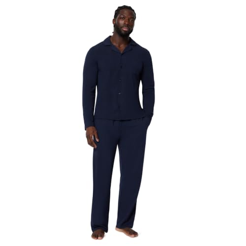 Amazon Essentials Conjunto de Pijama de Modal de Algodón, Camisa de Manga Larga con Botones y Pantalones Hombre, Azul Marino, L