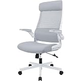 MELOKEA Ergonomiczne krzesło biurowe z regulowanym zagłówkiem, siatka, składane podłokietniki, szeroka poduszka do siedzenia, funkcja przechylania, EN 1335