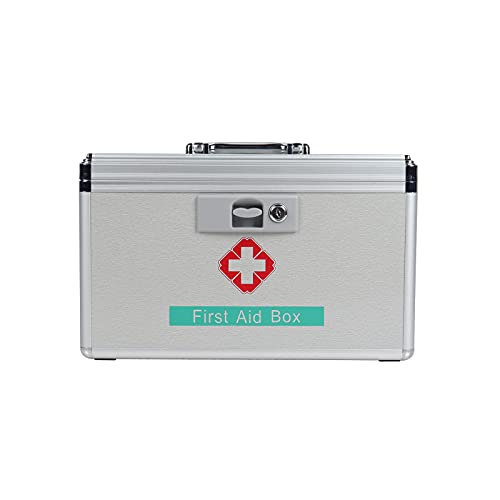 Portable Medical Locking Box, Aluminum Emergency First Aid Kit with Lock for First Aid Supplies 15×8.7×9.4 inches, Silver