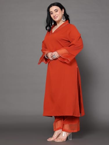 Image of Varanga Women Straight fit Rust kurta with a tonal bottom, designed for comfortable casual and semi formal wear.