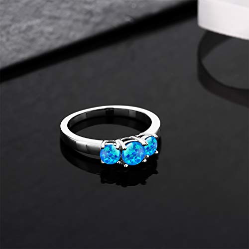 Gem Stone King 925 Sterling Silver Blue Simulated Opal 3-Stone Engagement Ring For Women (1.00 Cttw, Round Cabochon, Available in size 5, 6, 7, 8, 9)4