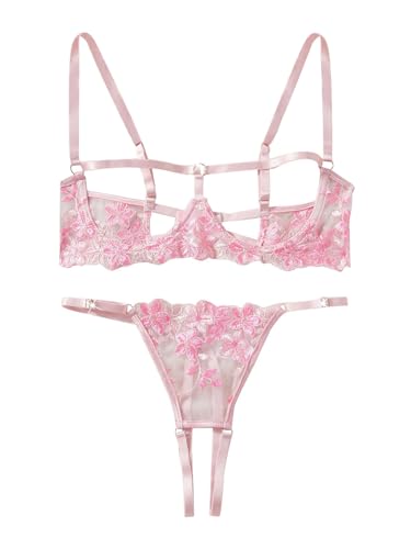 Image of Lilosy Women's Sexy Underwire Floral Lace Sheer Lingerie Set See Through Bra and Panty 2 Piece Flower Pink Small