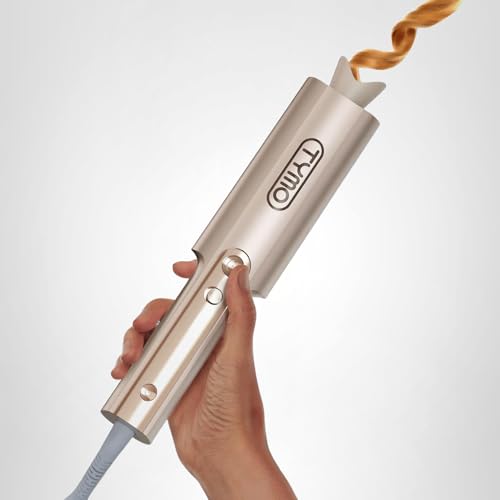 Upgraded Automatic Rotating Curling Iron – TYMO CurlPro Plus Long Barrel Curling Wand for Long Hair, Ceramic Hair Curler for Women, Anti-Scald, Tangle-Free, 600M Ionic, Dual Voltage, Gold, 1 Inch