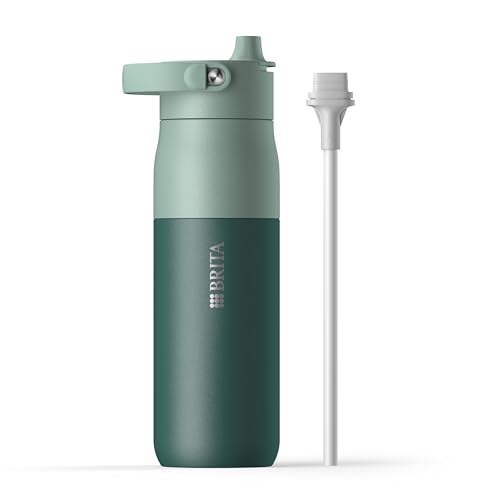 BRITA LARQ Essential Trinkflasche mit Strohhalm (680ml) grün - Edelstahl Wasser-Flasche, doppelwandige Isolierung (24h kalt), mit abnehmbarem Soft-Touch Henkel, spülmaschinengeeignet