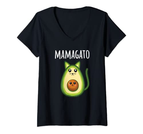 Donna Mom to Be Shirt Avocado Cat Mamagato Pregnancy Announcement Maglietta con Collo a V