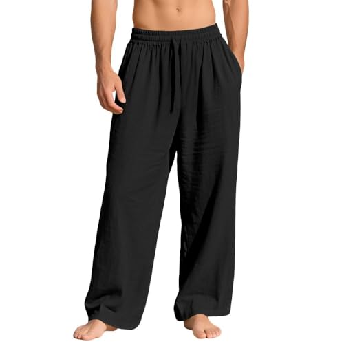 Bsrpolry Herrenhose mit Taschen lässige Baumwollhose lockeres weites Bein Loungehose Black S