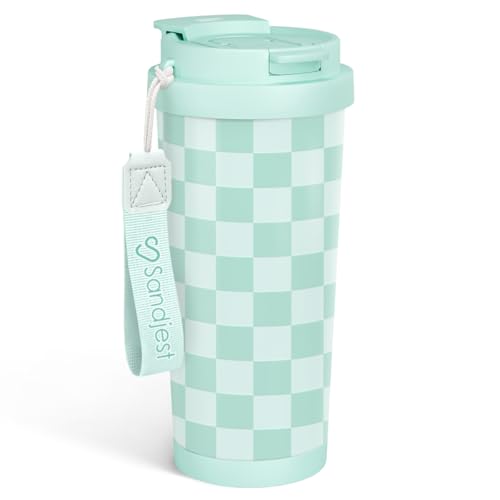SANDJEST Checkered Tumbler - Stainless Steel 2-in-1 Lid Coffee Tumbler 18 oz, Checker Insulated Travel Mug Gift for Women Girls Teens, Birthday Christmas (Mint)