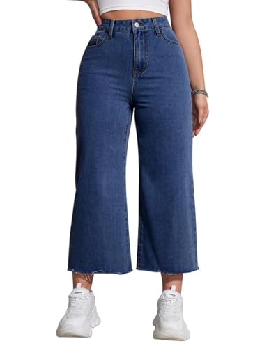 Women's Wide Leg Jeans 90s Zipper Fly Raw Hem Cropped Mid Rise Straight Leg Jeans Denim Pants