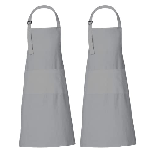 RAJRANG Chef Apron Set of 2 with 3 Pockets 100% Cotton Kitchen Cooking Adjustable Bib Aprons High-Rise Grey