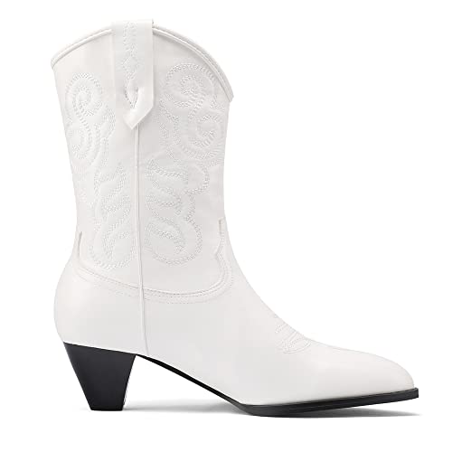 Image of Womens Embroidered Cowgirl Boots Pull On Cowboy Boots for Women Floral Low Chunky Heel Western Boots
