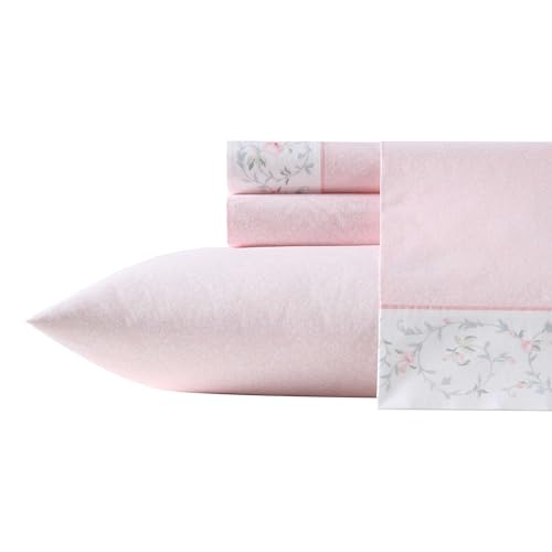Image of Laura Ashley - Queen Size Sheet Set, Crisp & Lightweight Cotton Percale Bedding with Fitted Sheet and Pillowcases, Floral Room Decor, Deep Pocket, College Dorm Room Essentials (Victorian Scroll Pink)