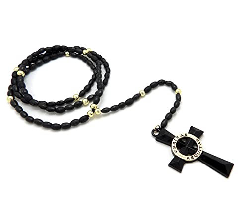 Veritas Aequitas Cross Boondock Saints Pendant 5mm/30" Wooden Bead Rosary Necklace RC4359 (Black/Gold)3