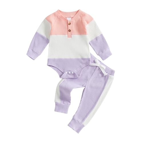 Image of kacubwyy Baby Girl Fall Outfits Contrast Color Ribbed Stretchy Romper Long Pants Newborn Clothes Infant Set