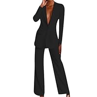 YMING Womens Sexy 2 Piece Outfits Long Sleeve Solid Color Blazer with Pants Casual Business Suit Sets Blk M