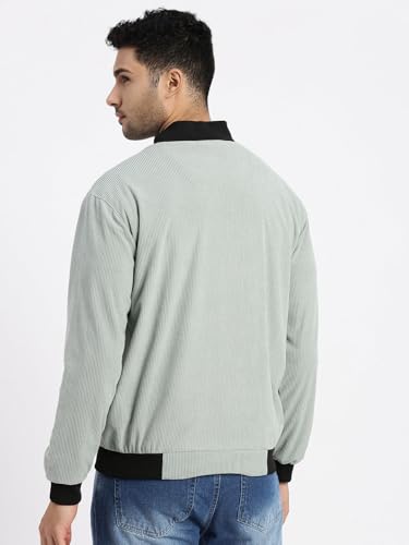 Image of SHOWOFFFF Men Solid Bomber Jacket | Mandarin Collar Full Sleeves Corduroy Jacket for Mens | Slim Fit Regular Length Jacket for Men's