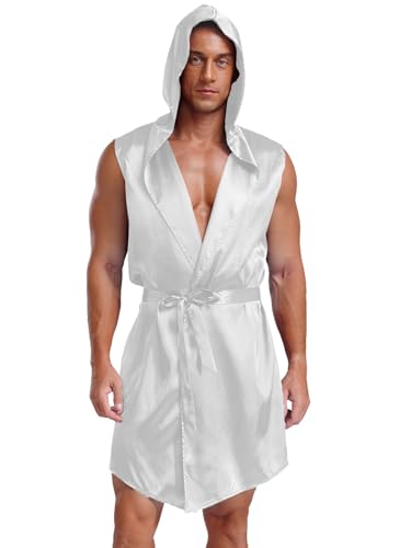 Men's Silk Kimono Robe Satiny Hooded Bathrobe Sleeveless Lightweight Pajamas Loungewear