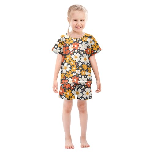 ALAZA Summer Flower on Black Pajamas Set Short Sleeve Cotton Sleepwear Summer Pjs 2 Piece 5-14Y3