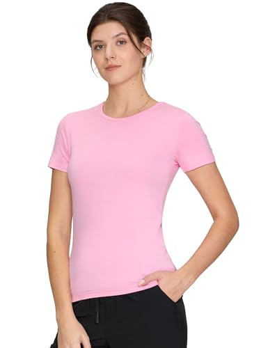 COZY SCRUBS Womens Underscrubs Short Sleeve - Crew Neck Scrubs Tee Silky Knit Undershirts for Nurse (Previously COZYFIT) Pink M