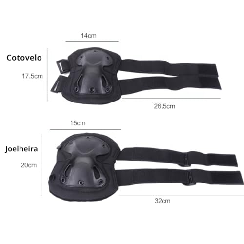 Kit Tático Militar de Joelheira e Cotoveleira, Airsoft e Paintball, Cores Preto, Verde, Cáqui (Preto