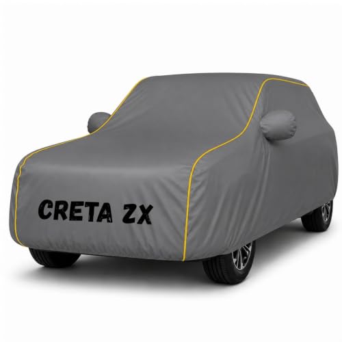 Image of Premium Waterproof Car Cover for Creta ZX | Soft Cotton Lining Heavy Duty Triple Stitched Heat Resistant Outdoor Cover Comes with Mirror and Antenna Pocket Full Bottom Elastic (Zig Zag Grey)