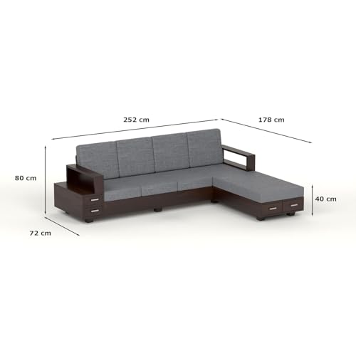 Image of Sheesham Wood 6 Seater L Shape Sofa Set with Storage Drawers and 40 Density Cushion | Solid Wooden Corner Sofa with Grey Fabric Upholstery for Living Room