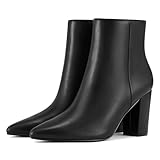 Rollda SUEDI Women's Pointed Toe Ankle Boots Chunky High Heel Ankle Booties Side Zipper Short Boots Black PU Size 7.5