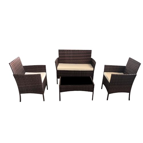 COZYBRITE Rattan Garden Furniture Sofa Set with Coffee Table Chairs 4 Seater for Outdoor Patio Balcony 6210-B (Brown Gradient Rattan+Beige Cushion)