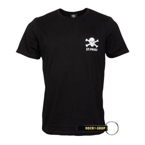 FC St. Pauli T-Shirt Herren schwarz Totenkopf II FCSP Fanartikel + RocknShop Flaschenöffner - Set (DE/NL/SE/PL Alphanumerisch S Regular Regular Schwarz)