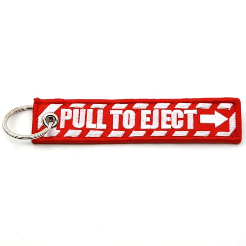 Image of PULL TO EJECT Key Chain - Red with White embroidered letters - Quantity = 1