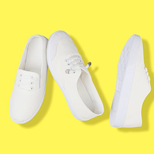 Image of Womens White Canvas Sneakers Lightweight Lace Up Fashion Comfortable Canvas Shoes Low Top Slip On Casual Tennis Walking Shoes Women Footwear