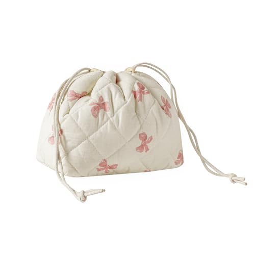 uekeboag Cotton Quilted Drawstring Makeup Bag with Canvas Lining,Coquette Aesthetic Cute Travel Toiletry Bag,Drawstring Gift Bag for Women and Girls（04White Bear）