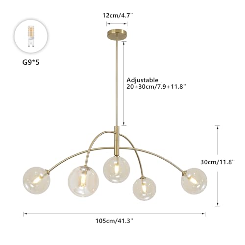 Image of Mid Century Modern Sputnik Chandelier 5-Light Gold Glass Ceiling Light Large Brass Chandelier for Dining Room Kitchen Bedroom