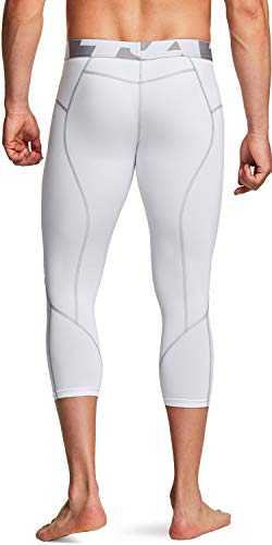 Tsla Men's 3/4 Compression Pants, Running Workout Tights, Cool Dry Capri Athletic Leggings, Yoga Gym Base Layer, Control Capris White, Large #TOP3