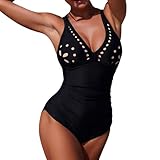 Traje de Baño Mujer Reductores Bañador Negro Traje de ño para Mujer con Escote en V Sexy con Flores Huecas Bikini ñador Falda ñadores Deportivos (Black L)