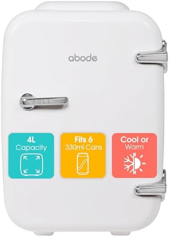 Abode White Mini Fridge A4CLR201W 4L/6 Can Portable Thermoelectric Mini Cooler & Warmer for Drinks, Cosmetics/Makeup/Skincare, AC/DC Power, Retro Style, For Bedroom, Home, Caravan, Car
