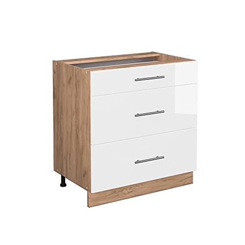Vicco Küchenunterschrank Fame-Line, Weiß Hochglanz, 80 cm mit 3 Schubladen, ohne Arbeitsplatte, zurâ€¦ – Miniatur