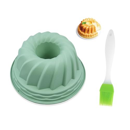 Hmcey Molde Bizcocho Horno 24 Cm,Molde Savarin Silicona Con Cepillos,Moldes Reposteria Tartas,Moldes Chocolate Para Bombones,Forma Para Tartas Reutilizable Para Dulces, Gelatina, Pan - Verde Morandi