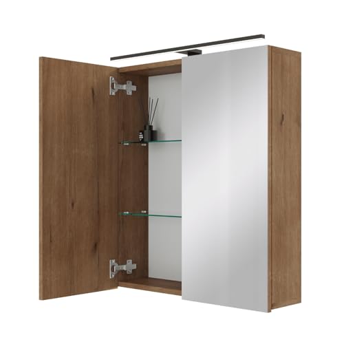Planetmöbel ARIA Spiegelschrank Bad mit Beleuchtung 60 cm breit | Badschrank hängend mit Spiegel | Gold Eiche, mit Leuchte und Steckdose, Spiegelschrank Gäste WC 60 x 70 x 16 cm