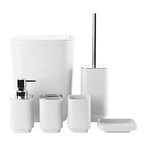 Bathroom Accessory Set 6 Piece Bathroom Accessories Set with Toothbrush Holder&Cup,Soap Dispenser& Dish,Toilet Brush Holder,Trash Can Plastic Gift Set for Bathroom Decorative Countertop（White