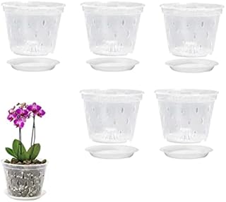 Orchid Pots, Clear Orchid Pots with Holes and Saucers, Plastics Breathable Slotted Orchid Planter Indoor Outdoor 5 Sets Flower Pots