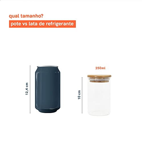 JOGO DE 5 POTES HERMÉTICOS DE VIDRO TAMPA DE BAMBU - 250 ML