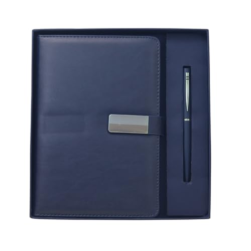 Image of Diary & Pen Gift Set with Magnetic Closure, Vegan Leather Notebook with Classic Ball Pen, 192 Pages 80 GSM Ivory Paper for Office Corporate Gift (Navy Blue)