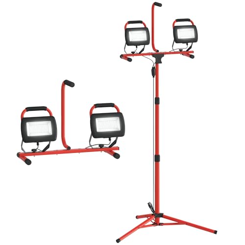 HOMCOM Foco LED Doble de Aluminio con Trípode Plegable 8500 Lúmenes IP65 6500K y Cabezas Ajustables para Trabajo Interior y Exterior Rojo y Negro