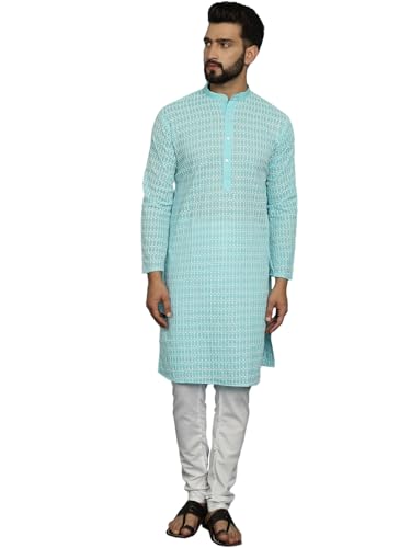 Kurta et pyjama coton blanc vêtement indien brodé homme Sojanya