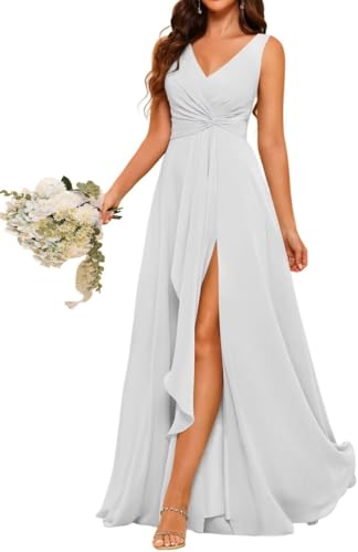 Robe de demoiselle d'honneur mousseline col en V ZMKI736 pour soirée élégante