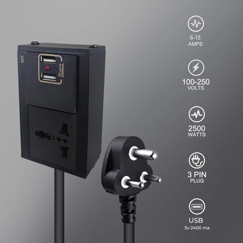 Image of MX Single Socket Extension Cord with 2 USB Ports (5V /2.4A), Universal Socket Power Strip (6A-13A), Heavy Duty Extension Board 5 Meter Cable 3 pin Socket with Safety Shutter