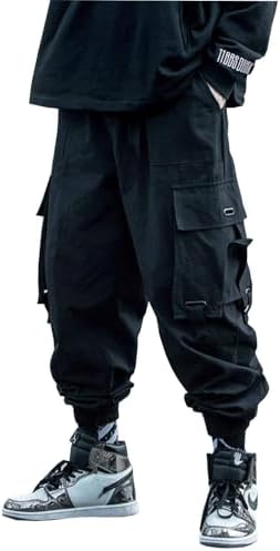 PAODIKUAI Men Techwear Matte Black Jogger Pants Relaxed Fit Streetwear Pants with Multiple Pockets