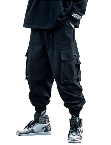 PAODIKUAI Men Techwear Matte Black Jogger Pants Relaxed Fit Streetwear Pants with Multiple Pockets
